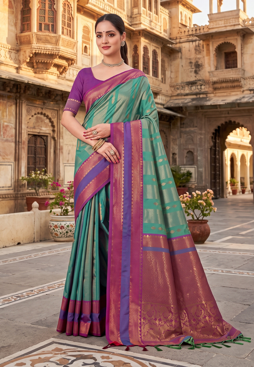 Sea green and magenta purple  toned art silk saree with  copper zari work and blouse piece unstitched