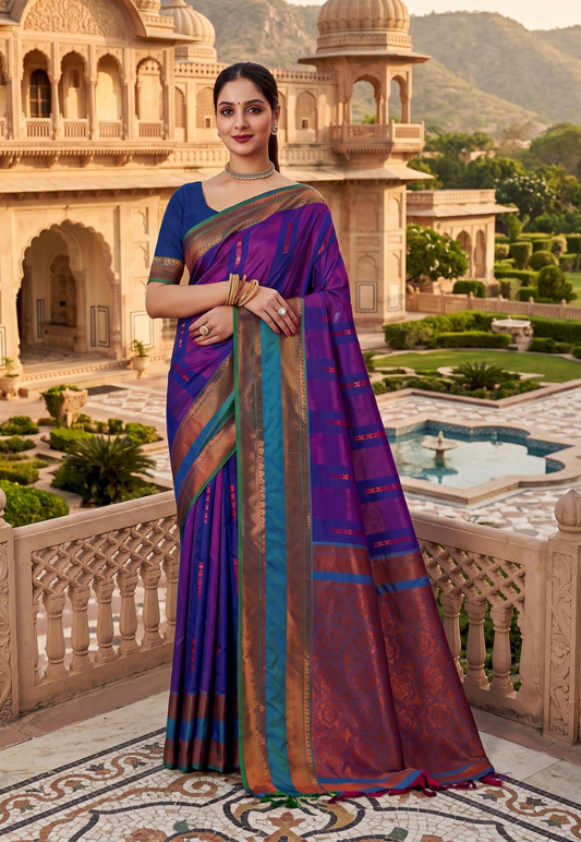 Magenta purple and sea green  toned art silk saree with  copper zari work and blouse piece unstitched