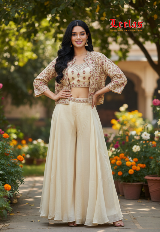 Cream silk Indo Western outfit with short blouse and jacket