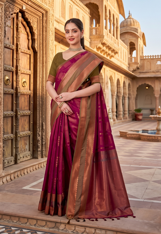 Mint green and magenta pink toned art silk saree with copper zari work and blouse piece unstitched