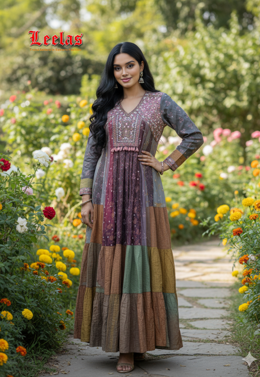 Multi-colour Cotton silk patch work long dress with Chinese collar