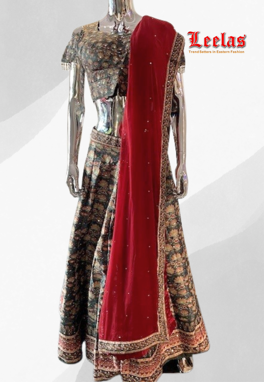 Bottle green lengha with maroon dupatta