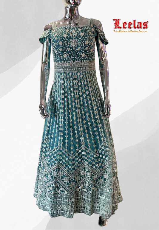 Teal cotton ladies gown and dupatta