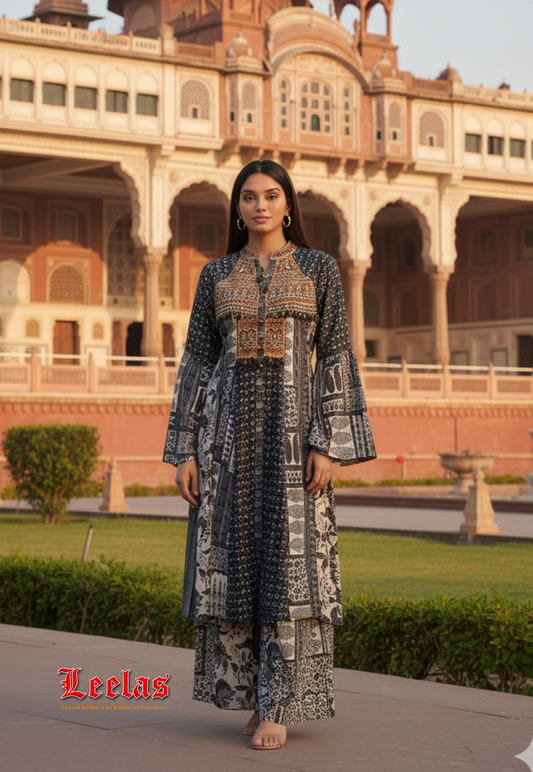 Black and cream silk printed Chinese collar  kurti set