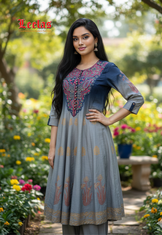 Grey and navy silk kurti set