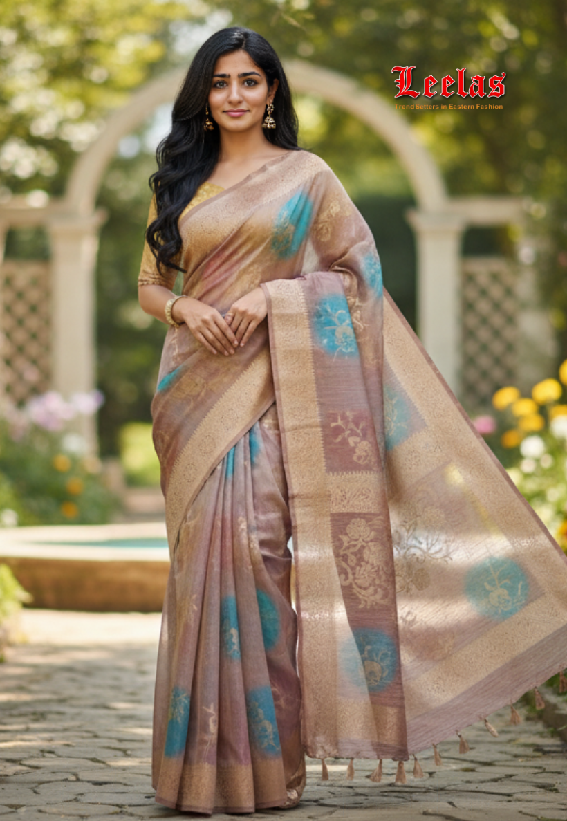 Multi-coloured crepe silk saree with bronze zari work