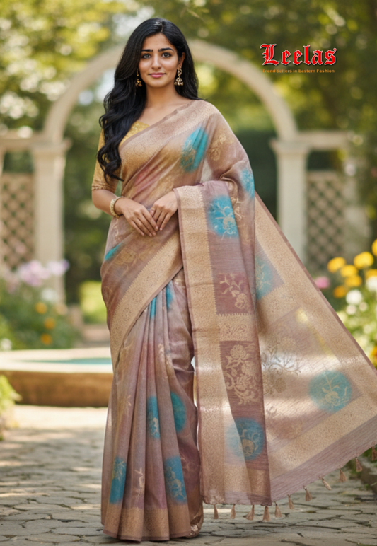 Multi-coloured crepe silk saree with bronze zari work