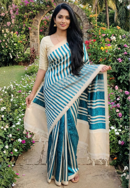 Ocean blue silk blend striped saree with floral patterns