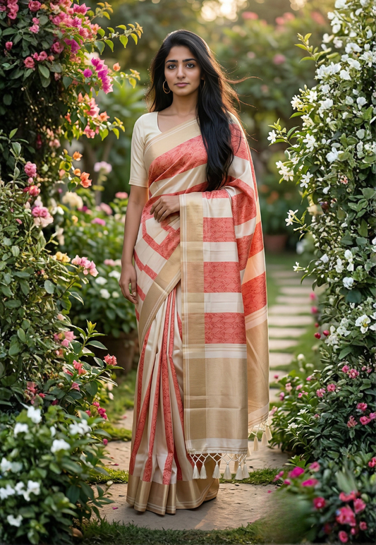 Off white and terracotta orange silk blend striped saree with floral patterns
