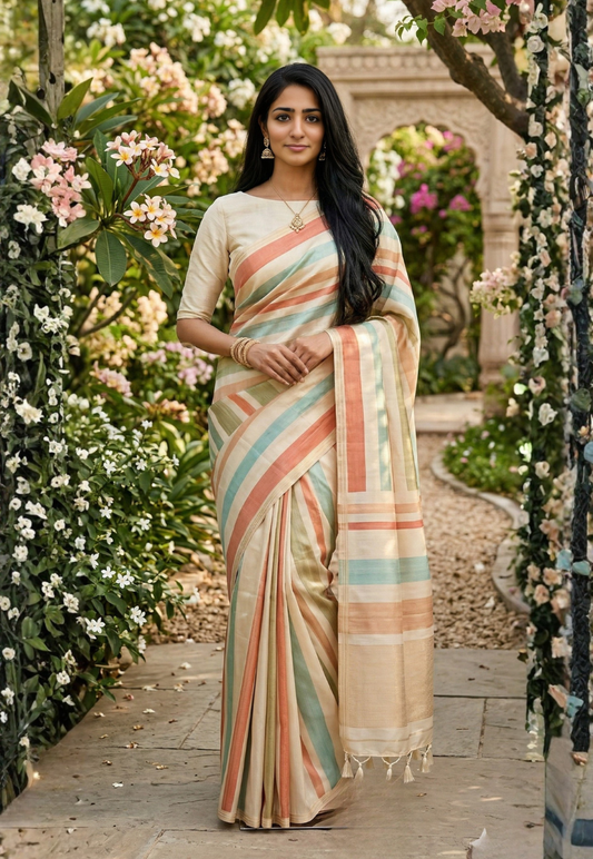 Striped patterned silk blend saree with a colour palette consisting of teal, terracotta rust, pale green and cream