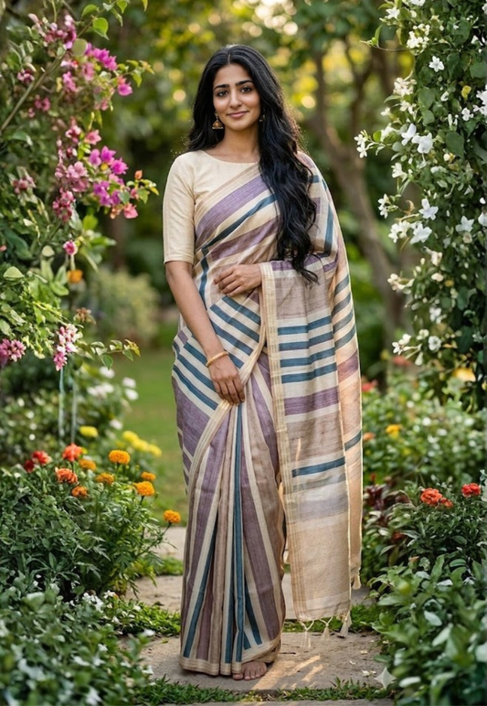 Striped patterned silk blend saree with a colour palette consisting of blue, lavender, cream and dusty tan