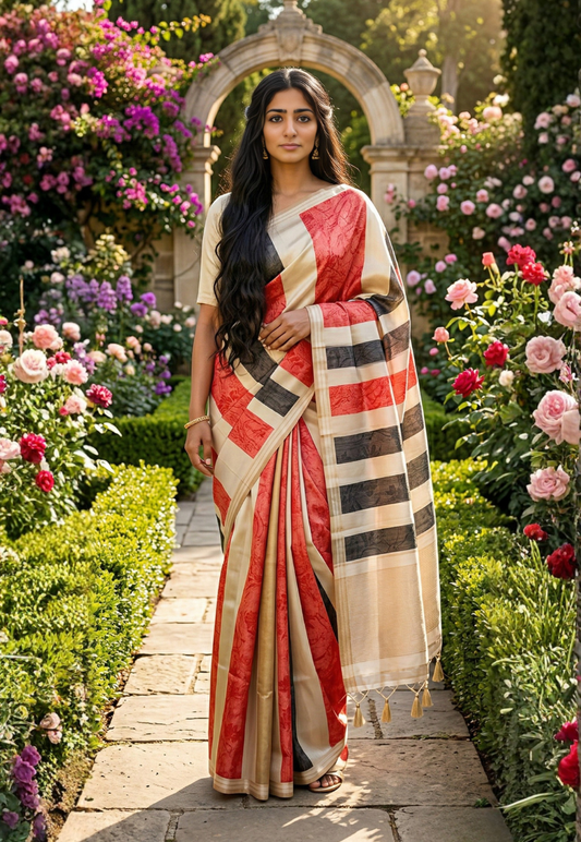 Soft silk blend saree with distinctive orange, charcoal, and off white stipes adorned with a decorative pallu