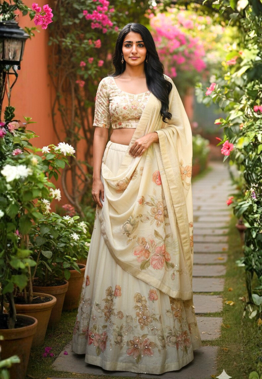 Cream and gold shade organza lengha adorned with peach, orange and rose floral bead and stonework motifs