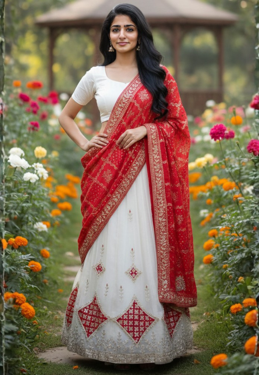 Crepe silk beige lengha with intricate gota patti work with bandhani style dupatta and diamond shaped gold and red floral motifs