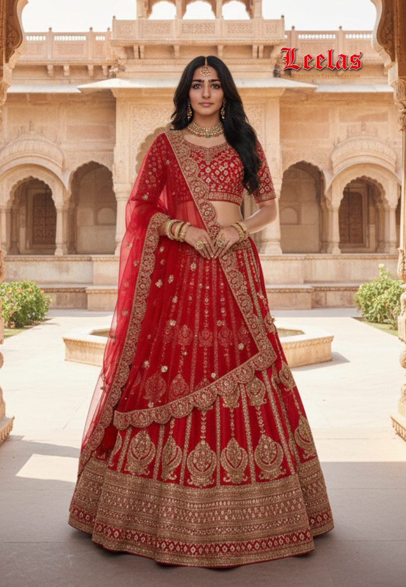 Red and gold silk semi-stitched lengha with intricate gold embroidery