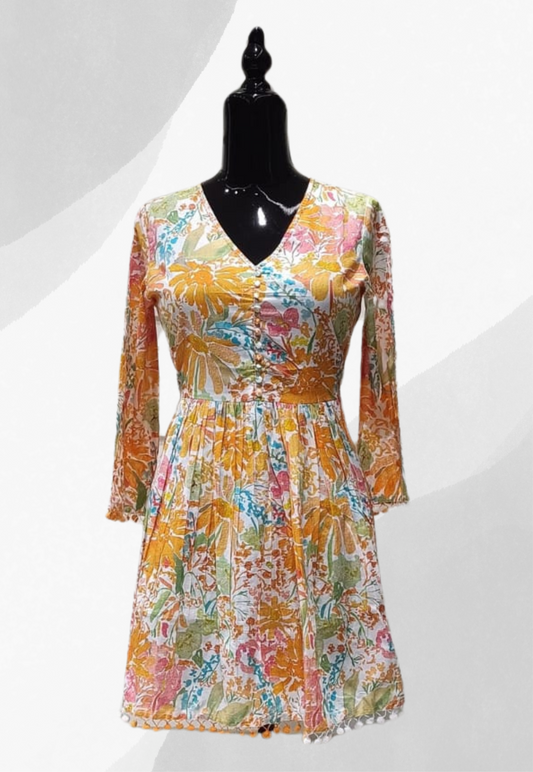 Orange and green printedcotton silk kurti top