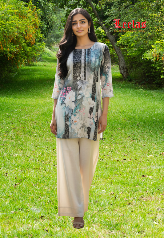 Cream floral crepe silk kurti top