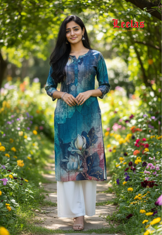 Navy crepe silk floral long kurti top