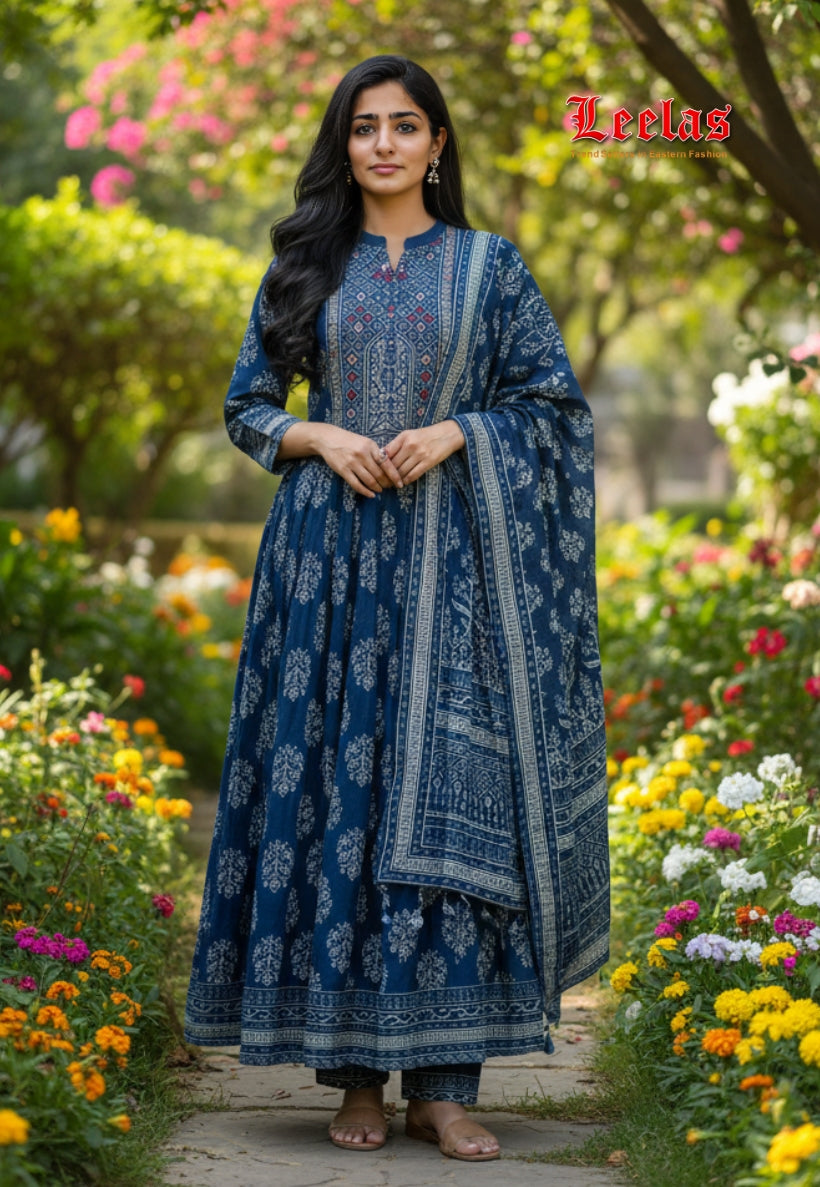 Navy blue cotton silk salwar kameez with pants and dupatta