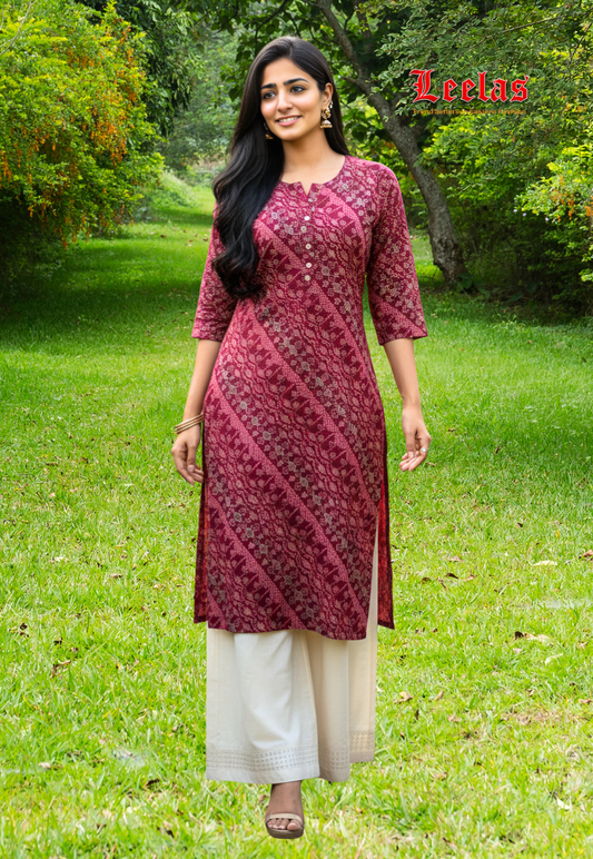 Burgundy bandhani print long kurti top