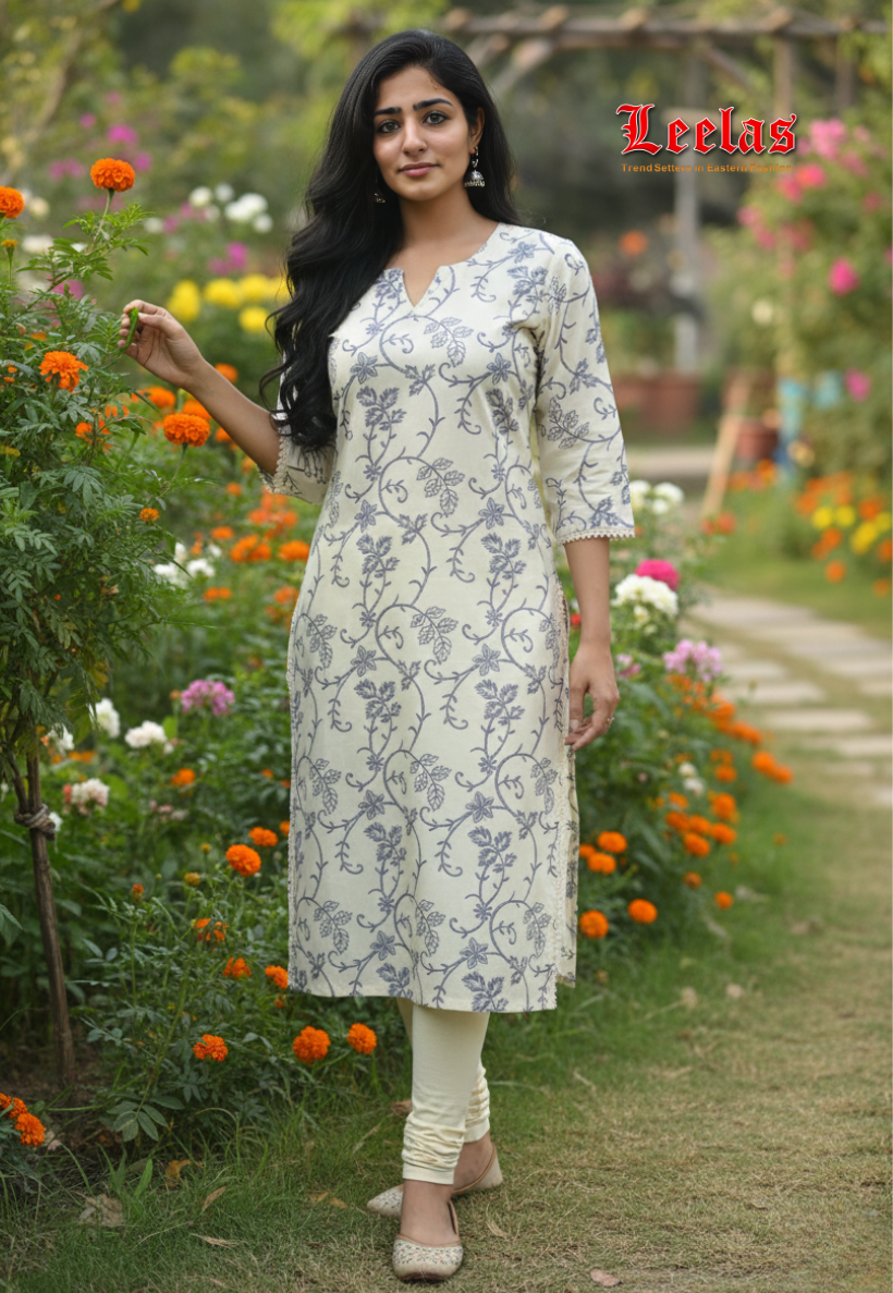 Cream cotton with grey embroidery work long kurti top