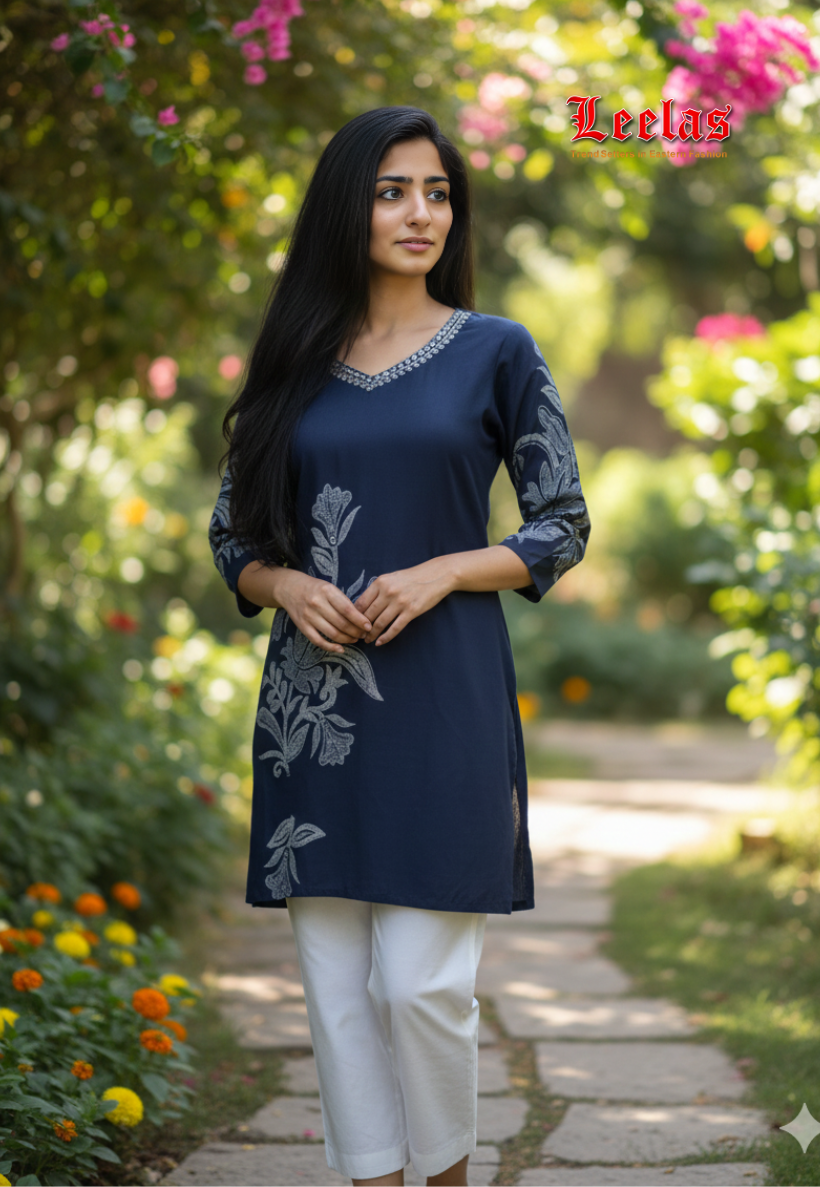 Navy viscose kurti top with floral pattern
