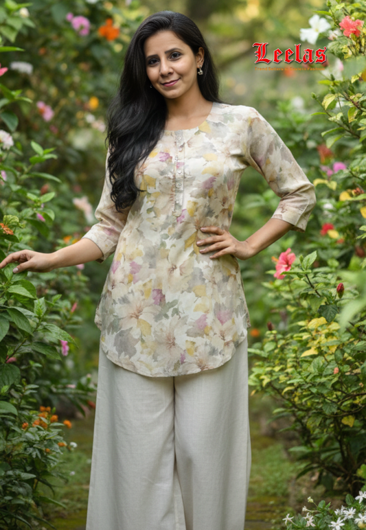 Cream floral viscose kurti top