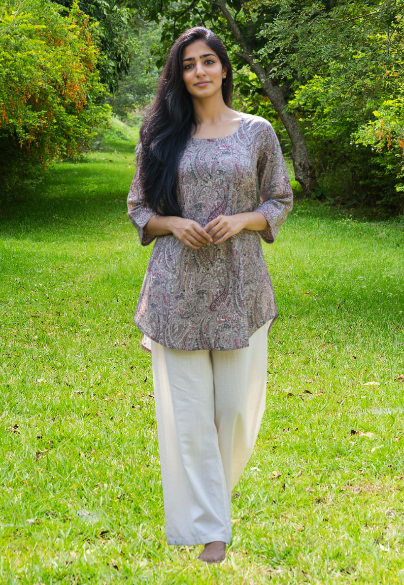 Pink, cream paisley print viscose kurti top