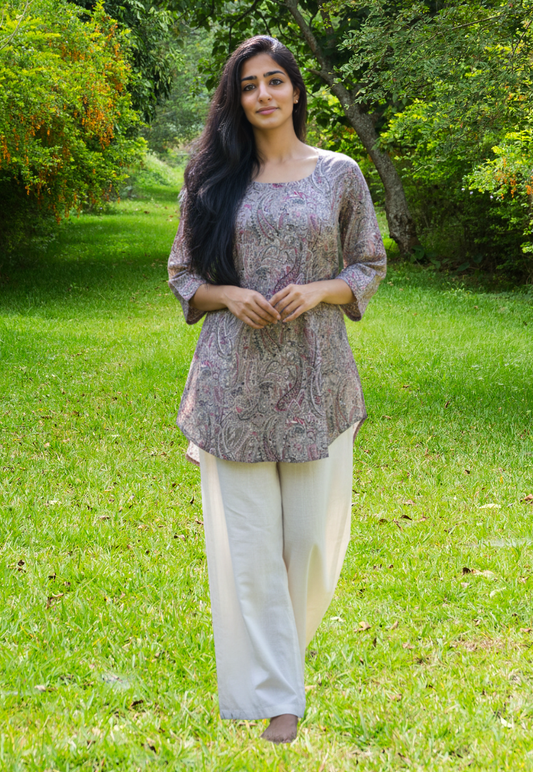 Pink, cream paisley print viscose kurti top