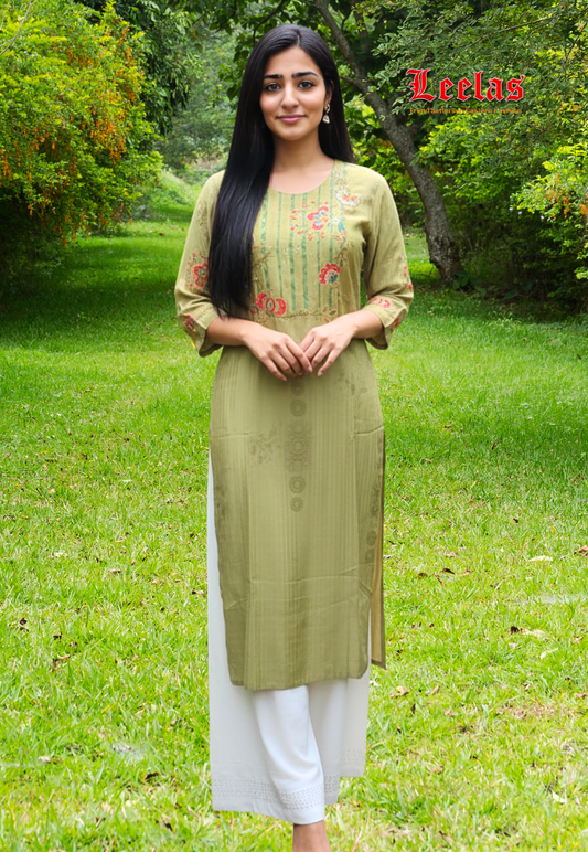 Olive green crepe silk long kurti top