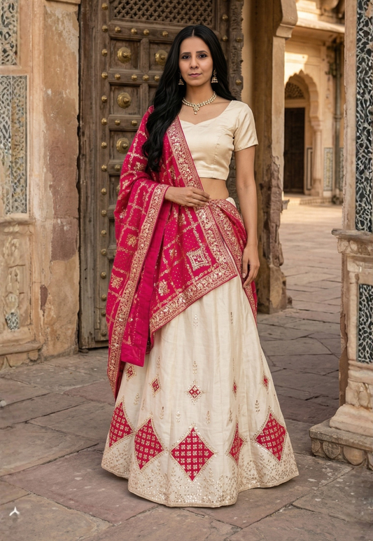 Cream and Pink Crepe silk beige lengha with intricate gota patti work with bandhani style dupatta and diamond shaped gold and cerise pink  floral motifs