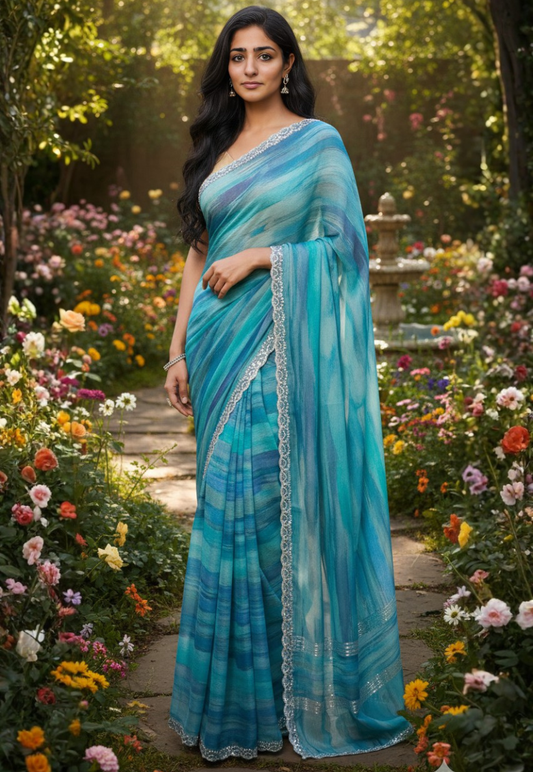 Chiffon saree with shades of blue, turquoise and aqua striped pattern with a delicate scalloped stonework border