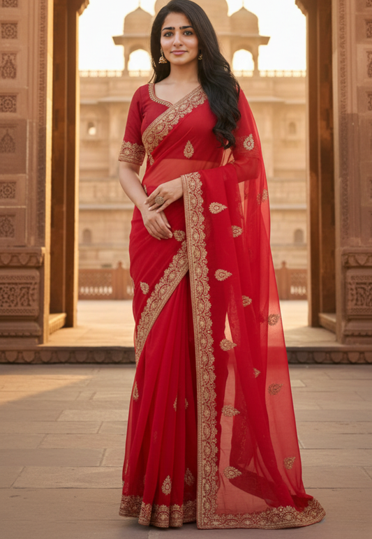 Red silk shimmer saree with stonework and embroidery border