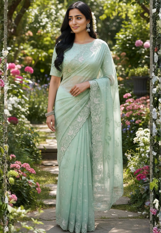 Mint green sheer organza saree with silver floral embroidery and sequins with scalloped stonework border
