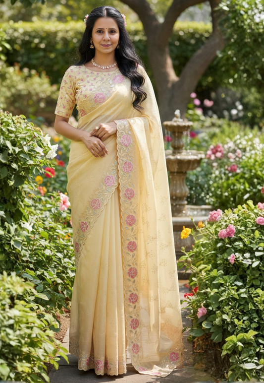 Pale yellow chiffon saree with embroidery, sequins  and stonework