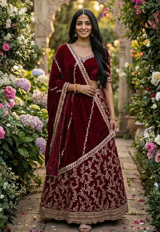 Maroon floral gaji silk unstitced lengha with jiko stonework, sequins and embroidery