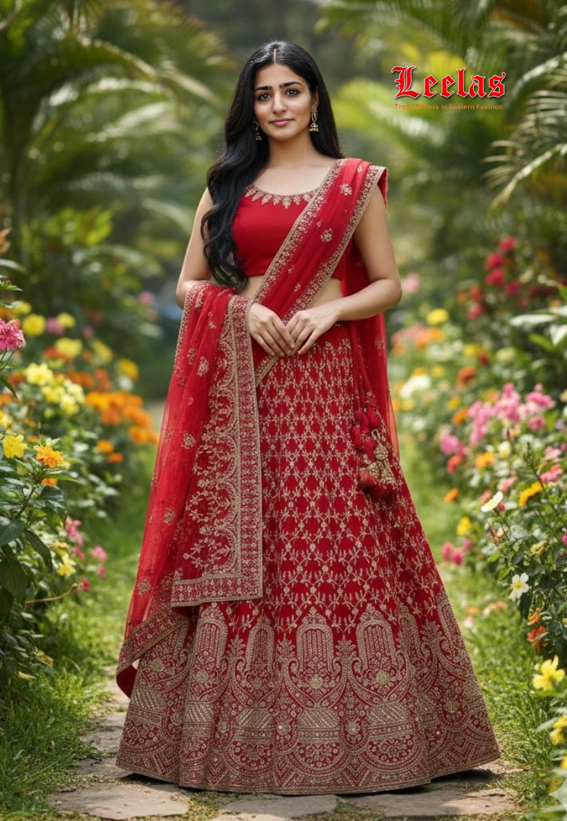 Red Net/satin with gold Embroidery work  lengha with blouse piece