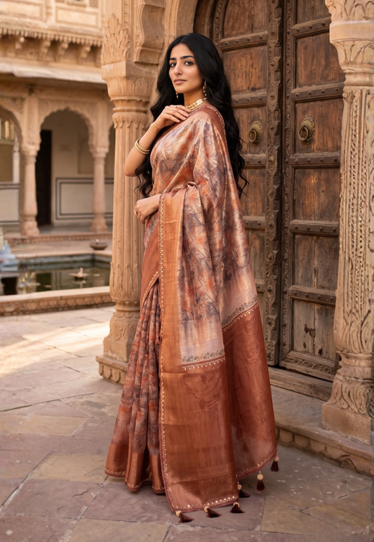Contemporary abstract printed cotton silk saree with shimmering look in tones of orange, red and rust with stonework border