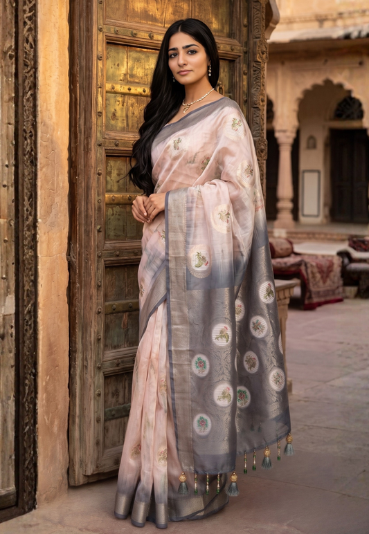 Silver grey cotton silk saree  featuring floral digital print in shades of pink and grey with zari woven border
