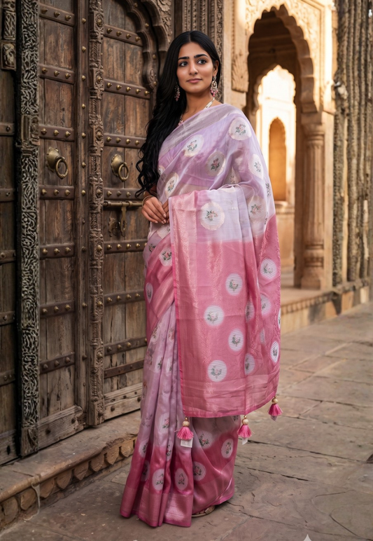 Soft Cotton silk saree featuring floral digital print in shades of pink with zari woven border