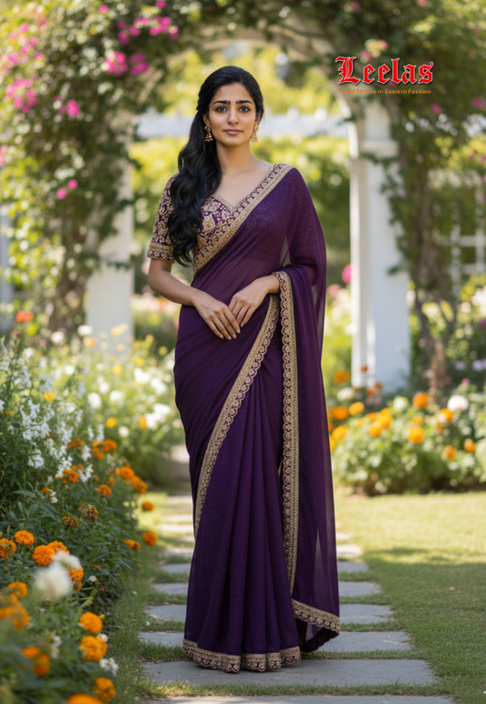 Purple and gold tissue silk  ready to wear tissue silk saree with beadwork, embroidery and sequins