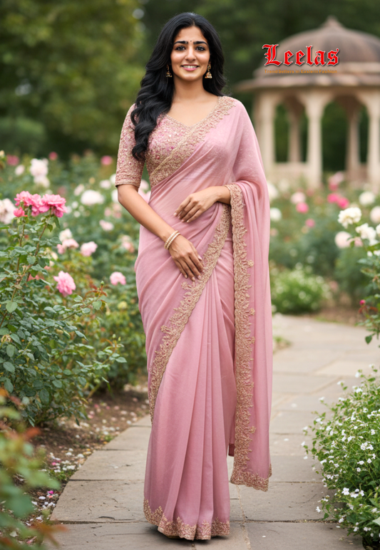 Mink and gold shimmer organza ready to wear saree with stonework, beadwork and embroidery