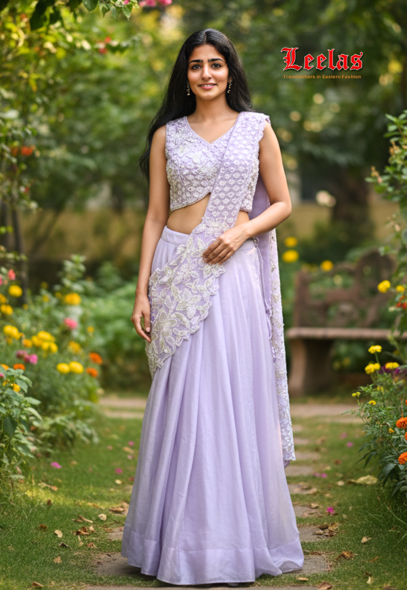 Lilac tissue silk ready to wear saree with beadwork and sequins