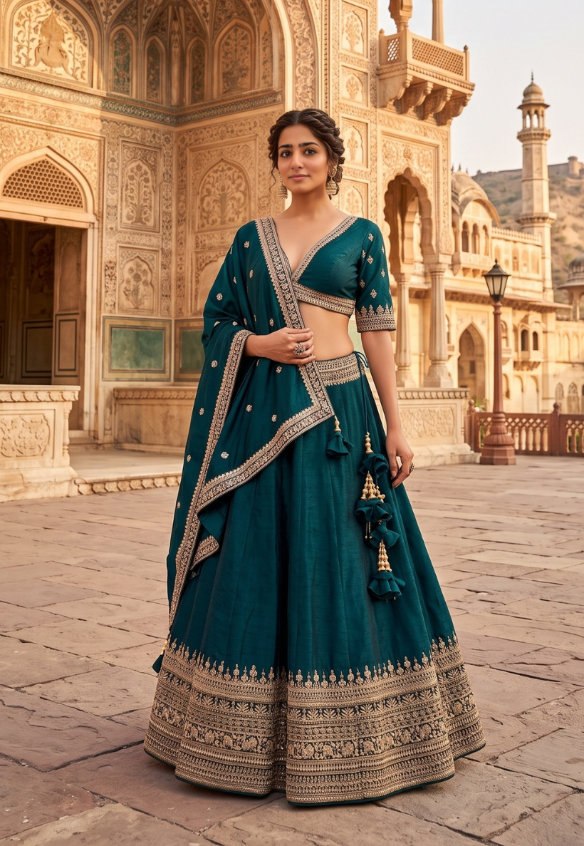 Peacock blue lengha with copper gold sequins and zari work