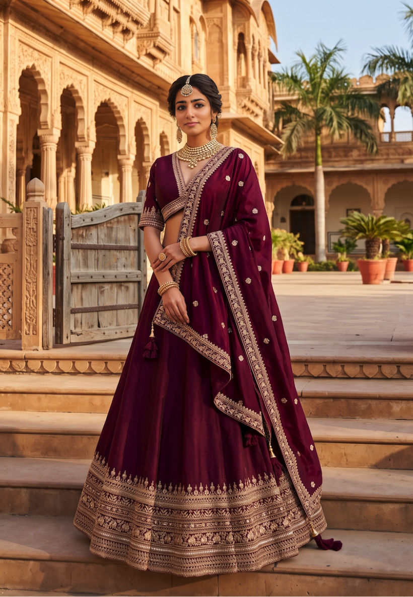 Deep wine lengha with copper gold sequins and zari work