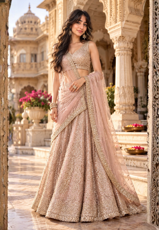 Natural light peach lengha with antique zari, sequins and stonework with matching blouse