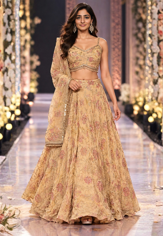 Floral lemon chiffon lengha with sequins,zari and stonework