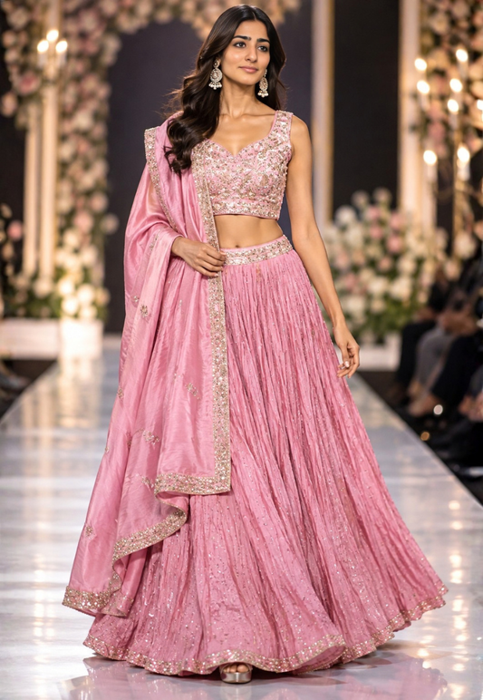 Baby pink lengha with heavy sequins, zari work