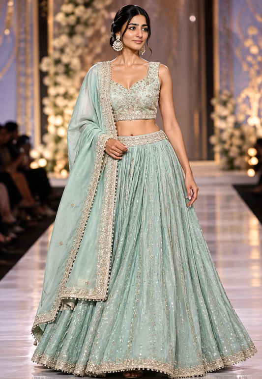 Sea green lengha with heavy sequins, zari work