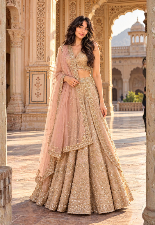 Blush pink lengha with floral muted shades of rose pink and mauve with silver zari, sequins and mirrorwork with matching blouse